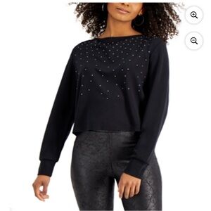 Bar III Women's Studded Long Sleeve Casual Crop Top Black Size M / Fit like S